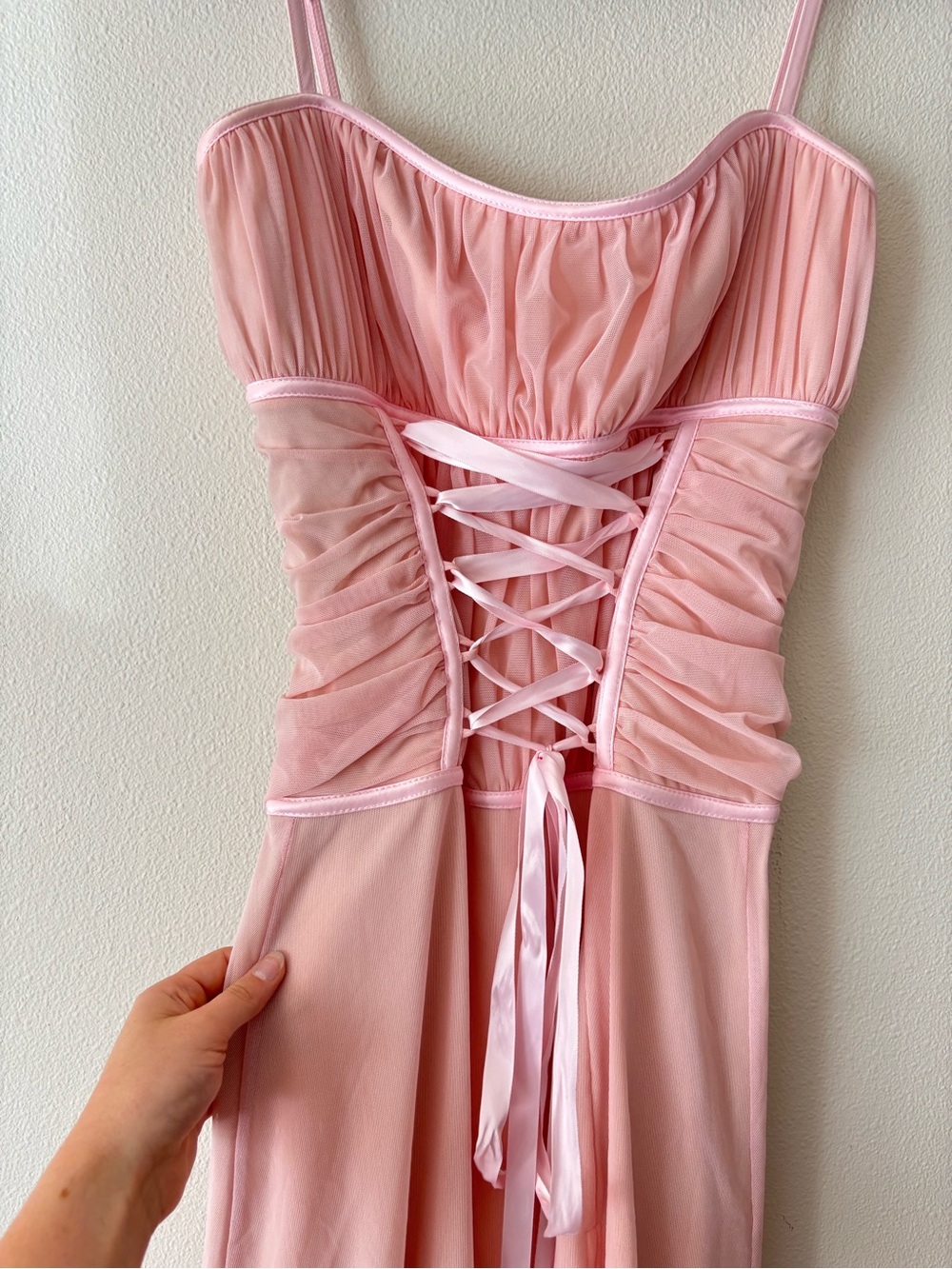 Tadashi Shoji Vintage Blush Pink Balletcore Lace-Up Mesh Maxi Dress Size 8 - Picture 5 of 11